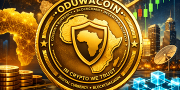 “Digital illustration of OduwaCoin, Africa-focused blockchain cryptocurrency for payments and financial inclusion.”
